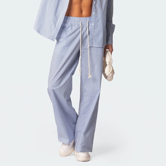 Edikted Pants - Edikted Blue Striped Wide Leg Pants